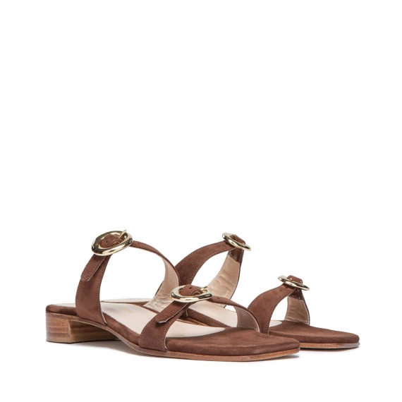 sabot con due fibbie in camoscio tabacco