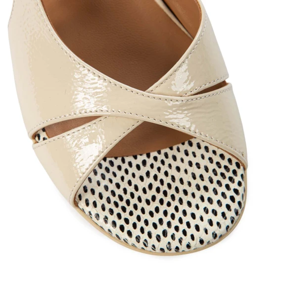 cream patent leather asymmetric sandals