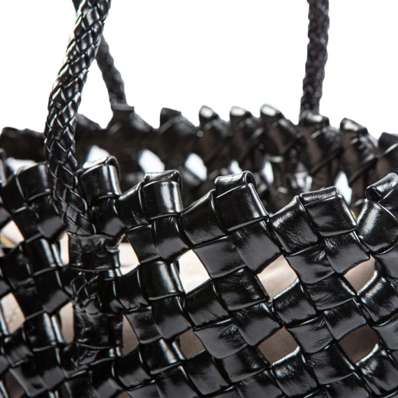 shopper intreccio largo in pelle nera
