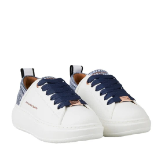 Sneakers Eco-Wembley in eco pelle bianca e topponcino brillantinato avio