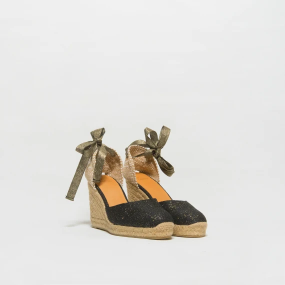 Espadrilla con zeppa in lino glitterato nero oro. Altezza totale cm 9. Platform cm1