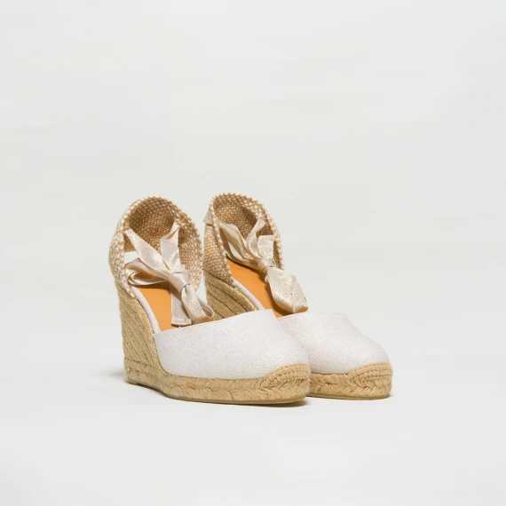 Espadrilla con zeppa in lino bianco glitterato oro. Altezza totale cm 9. Platform cm1