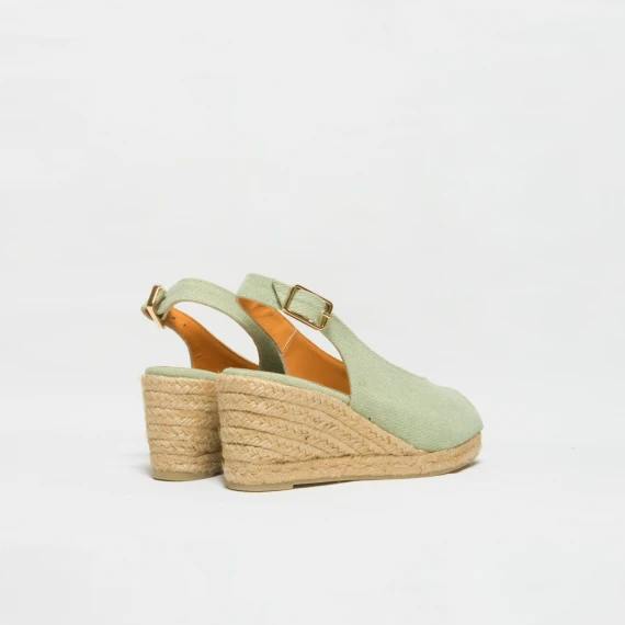 Espadrilla con zeppa a punta aperta in tela di cotone verde acqua. Altezza totale cm 7 e platform cm1.