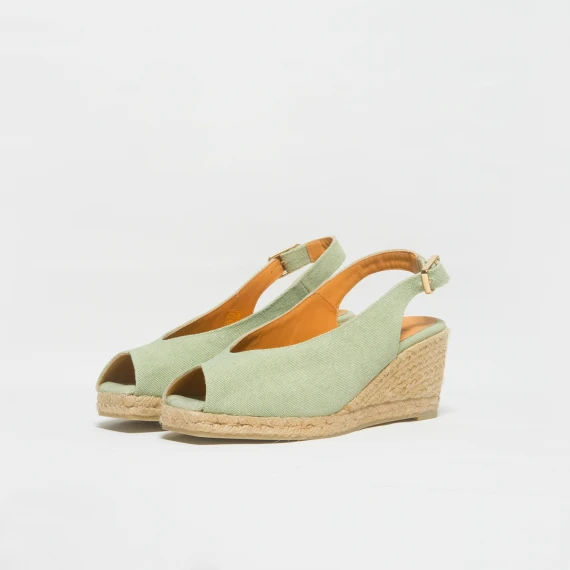 Espadrilla con zeppa a punta aperta in tela di cotone verde acqua. Altezza totale cm 7 e platform cm1.