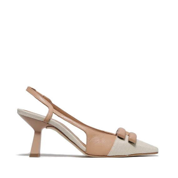 Slingback in morbida pelle beige nude con punta in rafia naturale