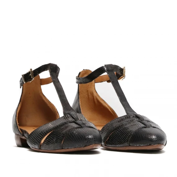 Scarpa aperta in pelle a stampa lucertola nera