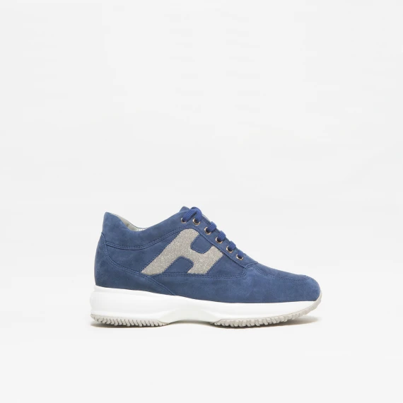 Sneaker Hogan Interactive in suede blu e H laterale glitter 