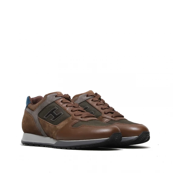 Sneaker H321 in pelle e tessuto tecnico marrone e verde oliva 