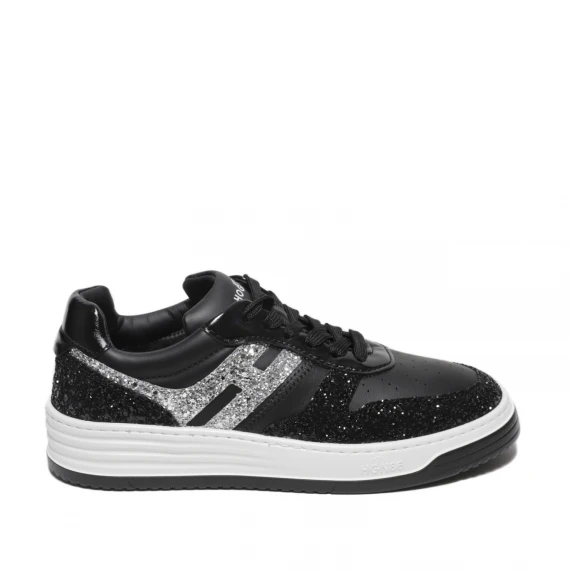 Sneakers H630 in pelle e tessuto glitterato nero 