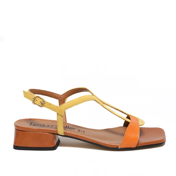 Sandalo in pelle arancio giallo e cuoio