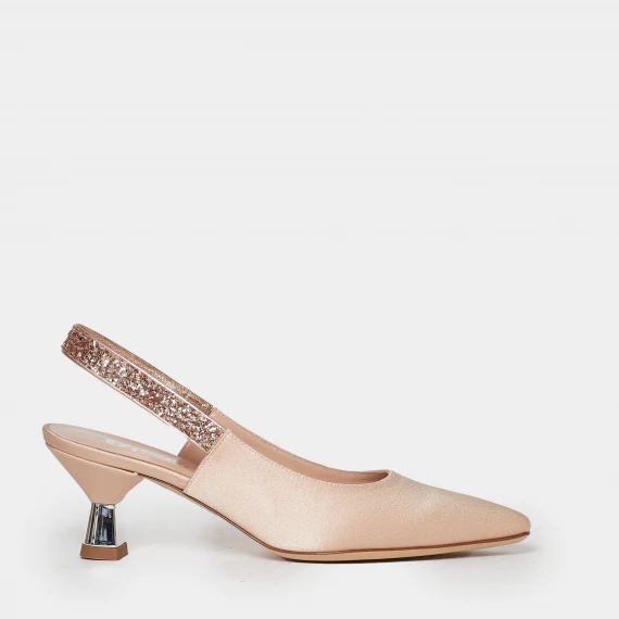 Slingback in satin nude e listino glitterato