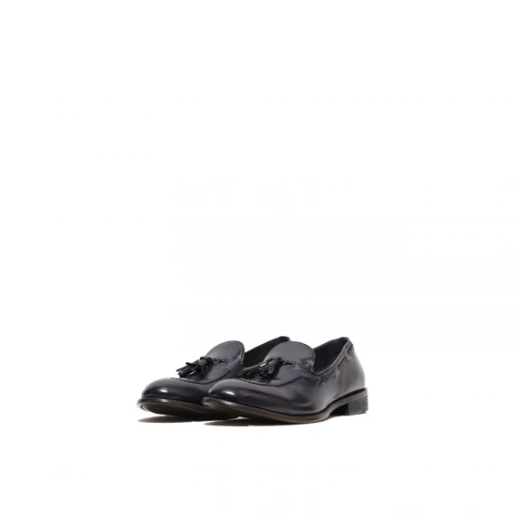 Mocassino con nappine e treccia in pelle pieno fiore blu