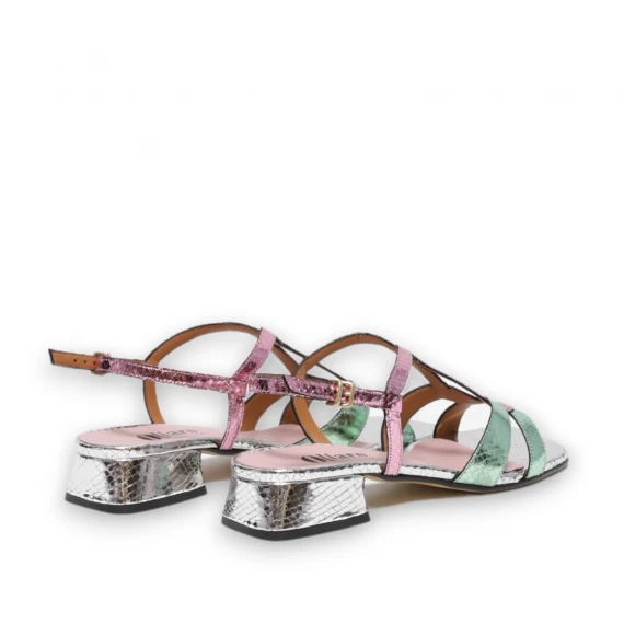 Sandalo in pelle stampata lucertola argento fuxia verde acqua