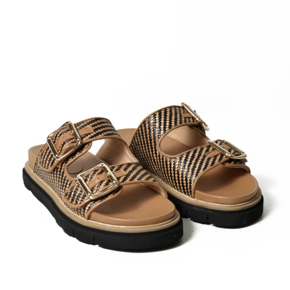 Ciabatta a due fasce in pelle intrecciata cuoio e nero