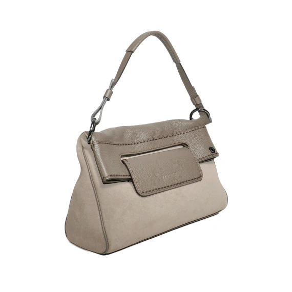 Borsa con pattina a due manici in pelle martellata e suede wengé