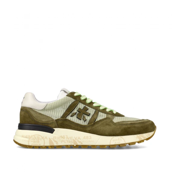 Sneakers Premiata Landeck in suede verdone e tessuto a rete naturale