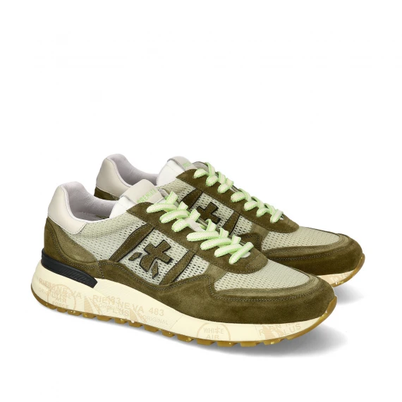 Sneakers Premiata Landeck in suede verdone e tessuto a rete naturale