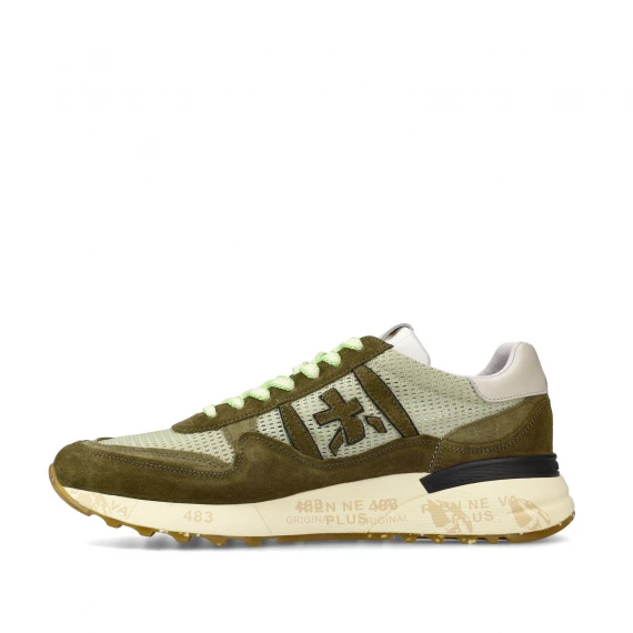 Sneakers Premiata Landeck in suede verdone e tessuto a rete naturale