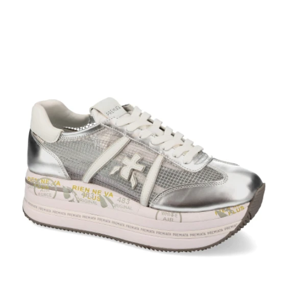 Sneakers Beth in pelle argento e tessuto tecnico a rete trasparente