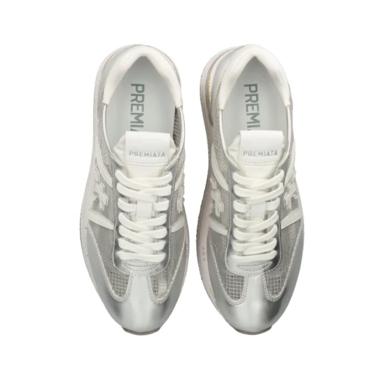 Sneakers Beth in pelle argento e tessuto tecnico a rete trasparente