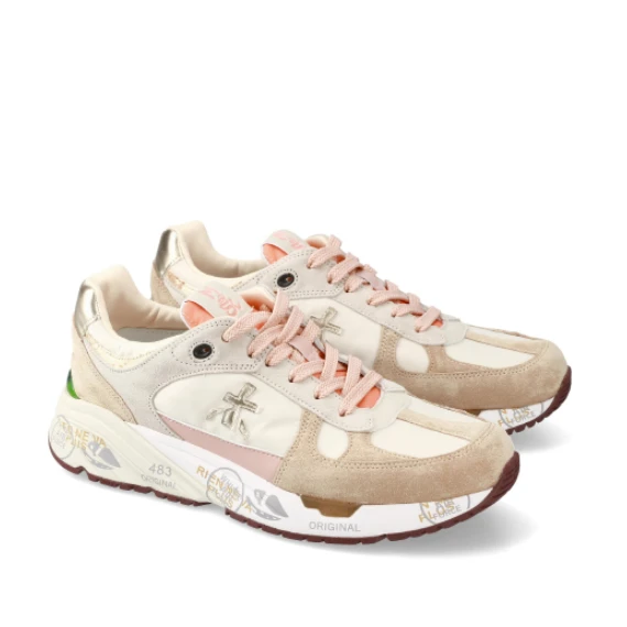 Sneakers Mased in suede e tessuto beige con particolari in pelle rosa