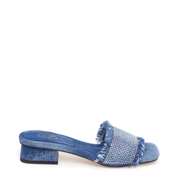 Ciabattina in tessuto jeans e strass 