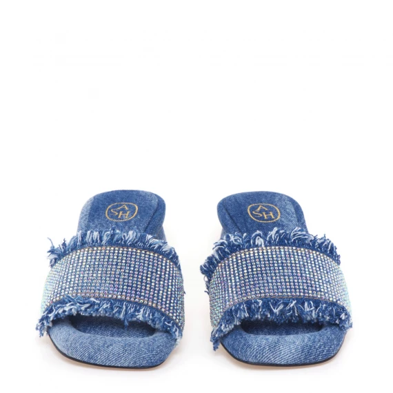 Ciabattina in tessuto jeans e strass 