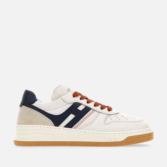 Sneakers H630 allacciata in pelle bianca blu e arancio 