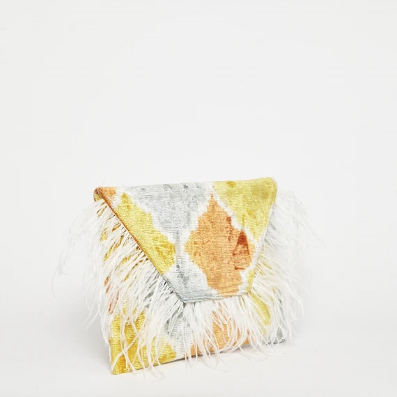 Clutch in seta e viscosa multicolor con piume