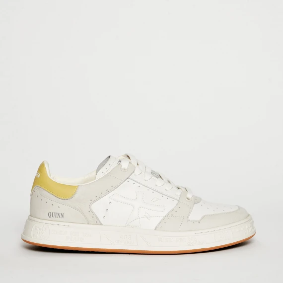 Sneakers QUINN 6305 in pelle bianco latte e giallo 