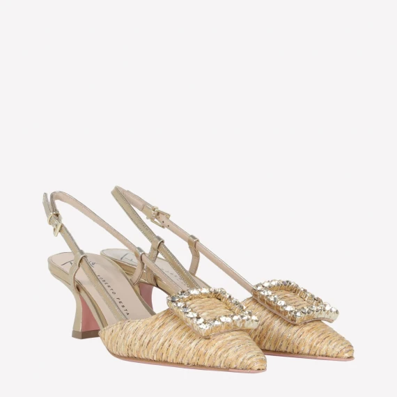 Slingback Stefy in rafia e pelle beige 