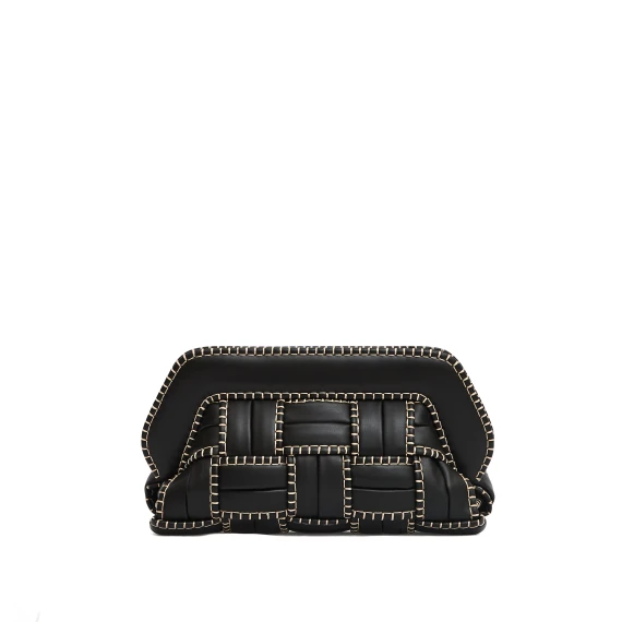 clutch grande nera intreccio con impunture beige