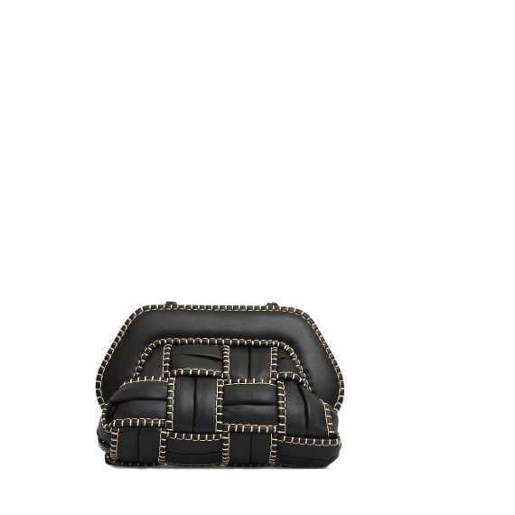 clutch nera intreccio con impunture beige